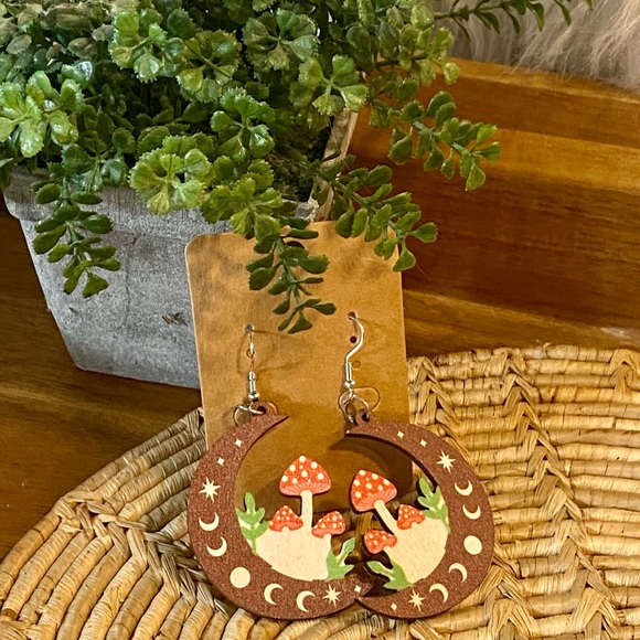 Jewelry - Funky Wood Mushroom and Moon Earrings
